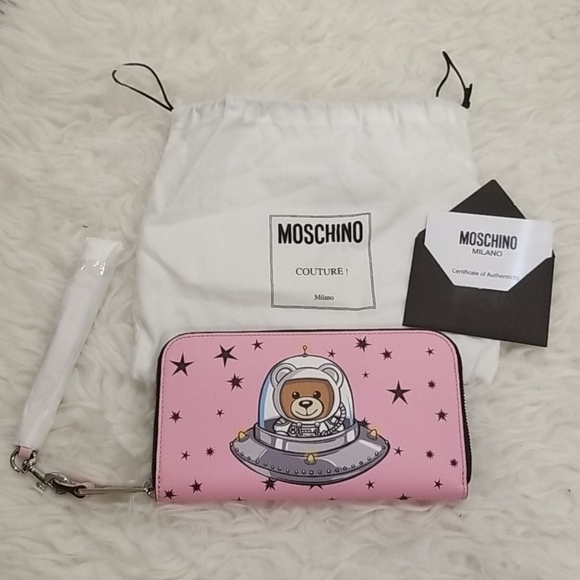 💕MOSCHINO💕 Space Ship Bear Zip Around Wallet Pink NWT 100% Leather - Picture 14 of 14